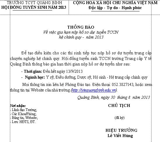 thong bao gia han nop ho so tuyen sinh 2013